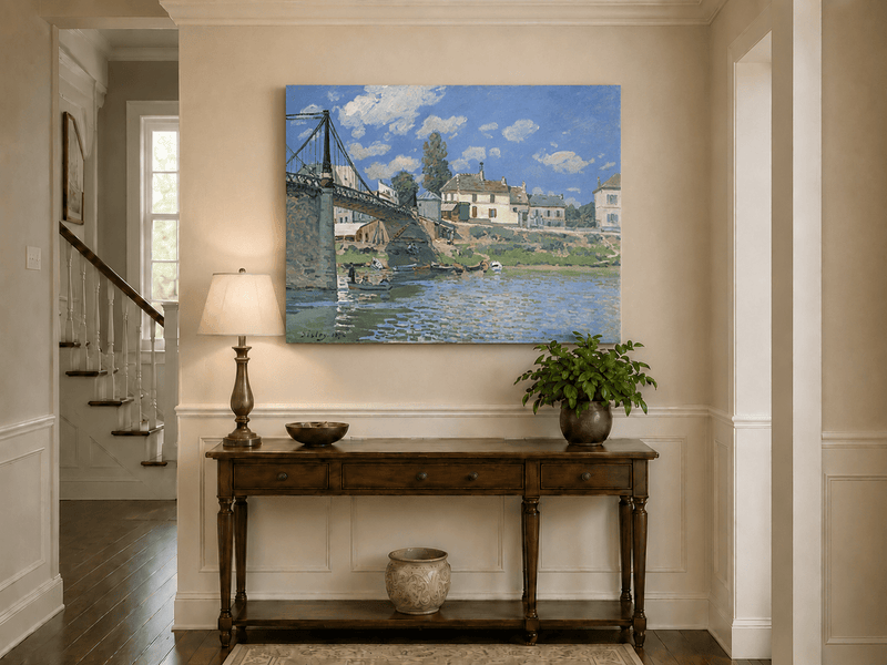 Village bridge in summer landscape painting shown as decorative oil wall art.
