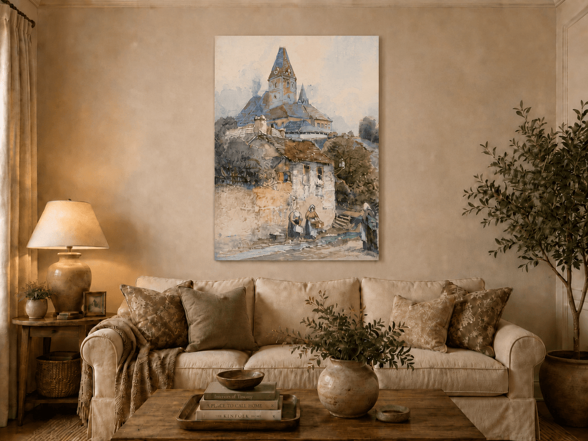 Landscape Oil Painting - Village Church on a Sunny Hillside
