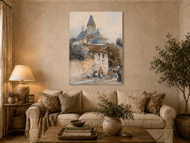 Landscape Oil Painting - Village Church on a Sunny Hillside