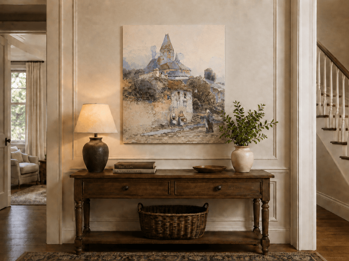 Landscape Oil Painting - Village Church on a Sunny Hillside