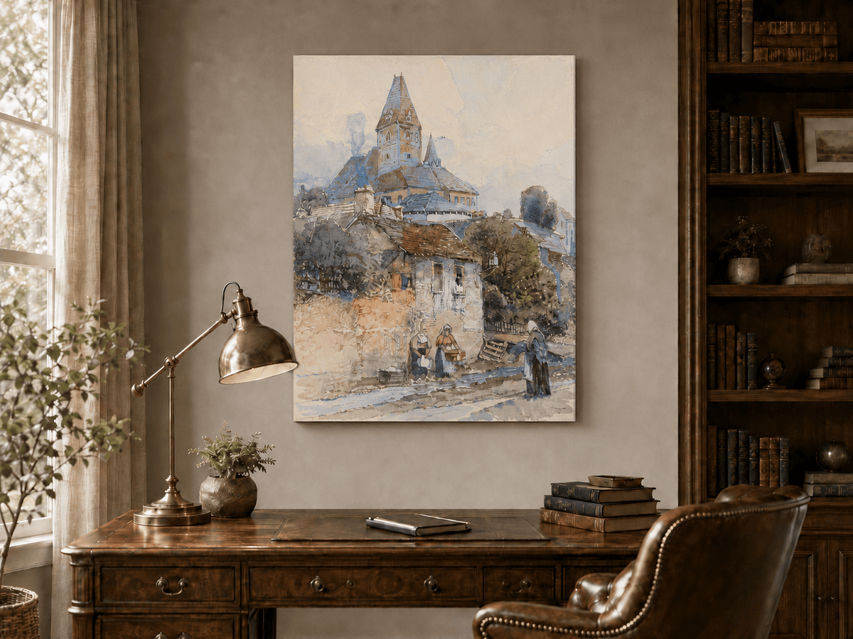 Landscape Oil Painting - Village Church on a Sunny Hillside
