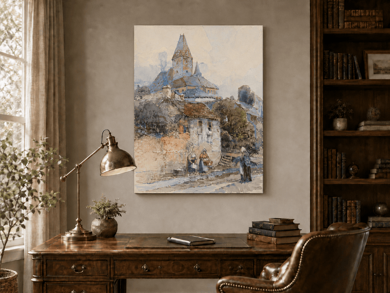 Landscape Oil Painting - Village Church on a Sunny Hillside