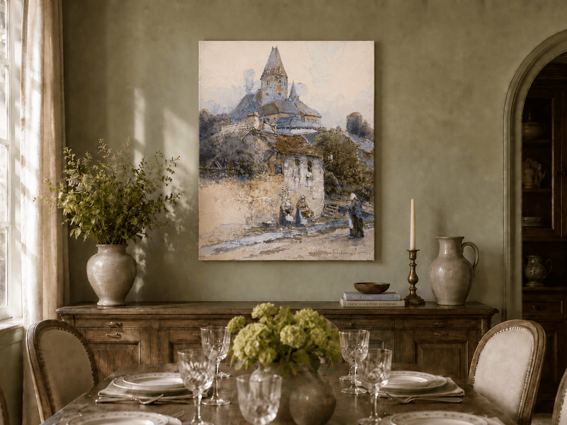 Landscape Oil Painting - Village Church on a Sunny Hillside