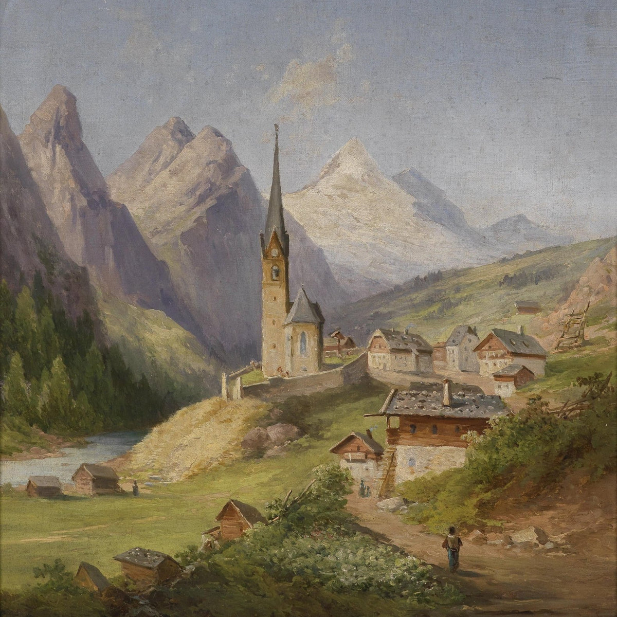 Landscape Oil Painting - Village Church & Snow Peaks, Path Figure - Oil Painting Haven