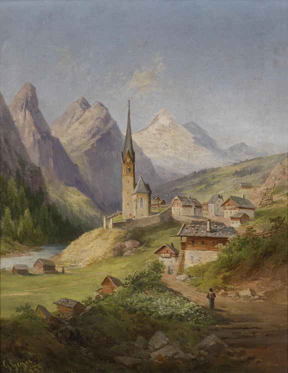 Landscape Oil Painting - Village Church & Snow Peaks, Path Figure - Oil Painting Haven