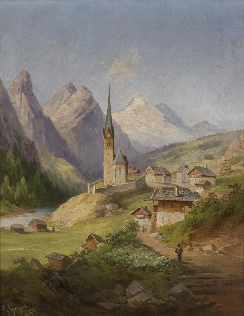 Landscape Oil Painting - Village Church & Snow Peaks, Path Figure - Oil Painting Haven