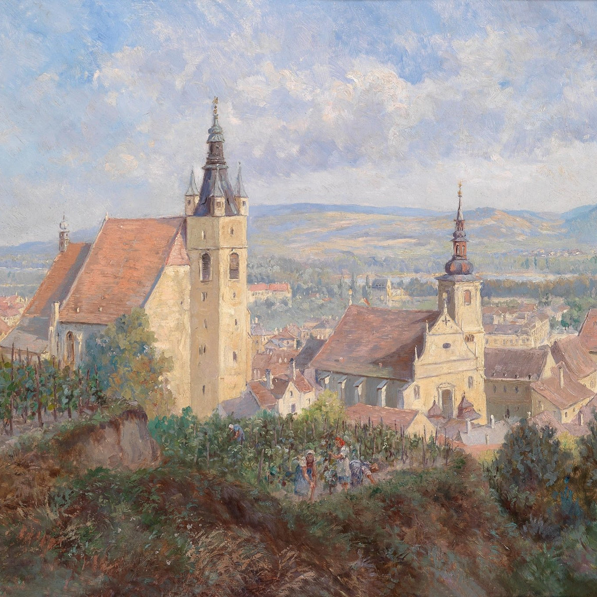 Landscape Oil Painting - Village Church Towers and Vineyard View - Oil Painting Haven