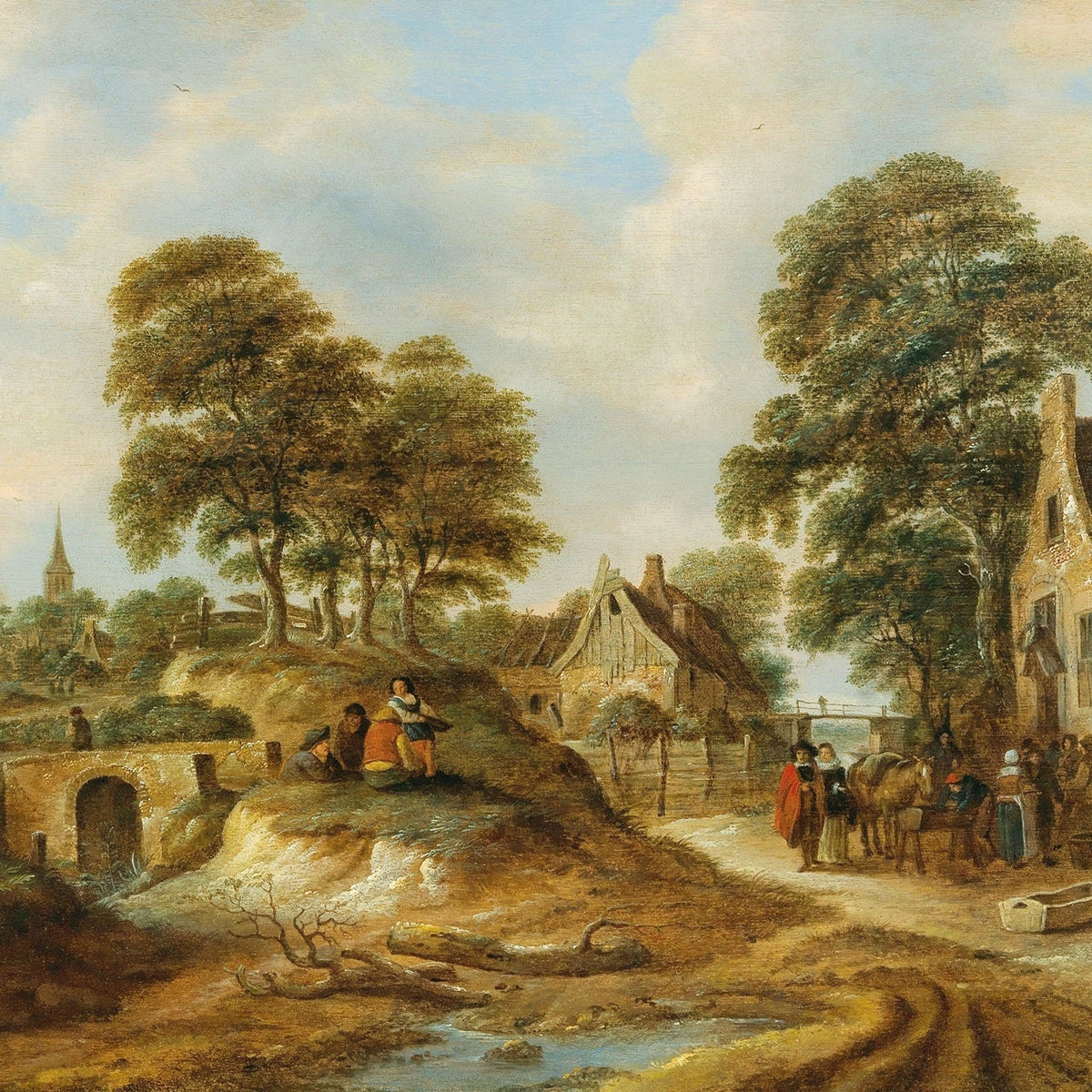 Hand-painted village inn with travelers and trees landscape oil painting on canvas
