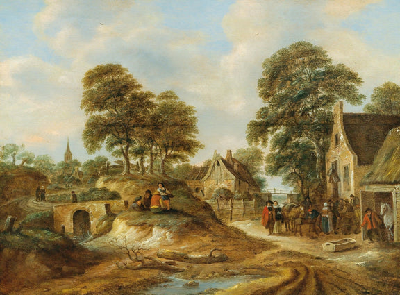 Hand-painted village inn with travelers and trees landscape oil painting on canvas