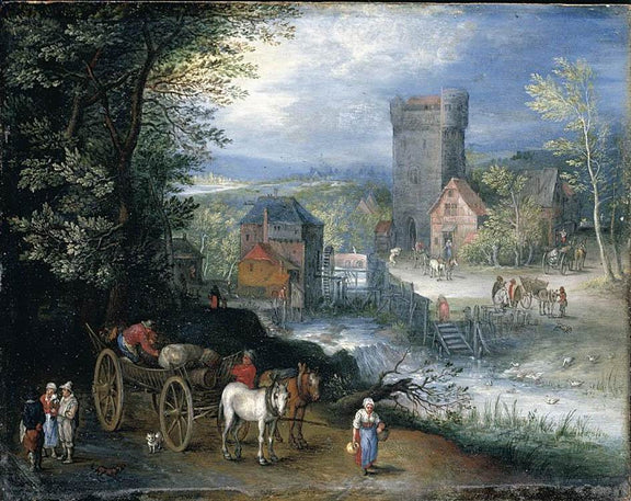 Landscape Oil Painting - Village Mill and Tower with Horses - Oil Painting Haven