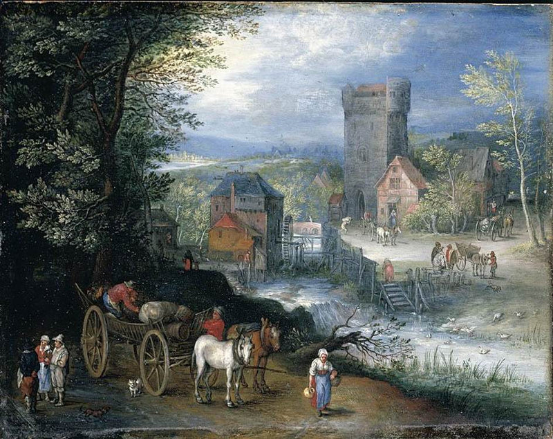 Landscape Oil Painting - Village Mill and Tower with Horses - Oil Painting Haven