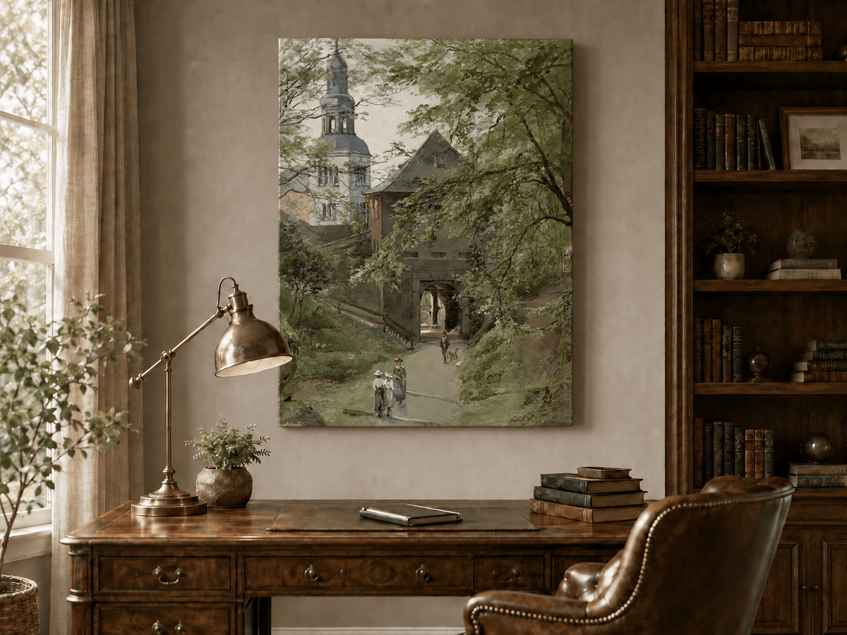 Landschaftsgemälde (Öl) – Dorfwegbogen und Glockenturm