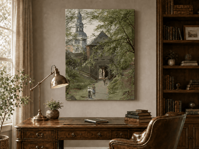 Landschaftsgemälde (Öl) – Dorfwegbogen und Glockenturm