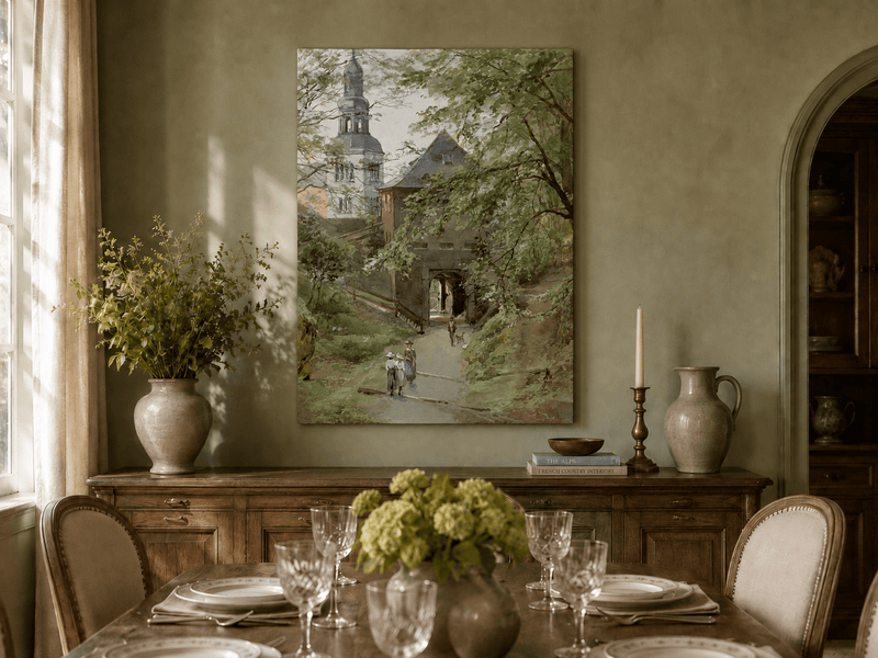 Landschaftsgemälde (Öl) – Dorfwegbogen und Glockenturm