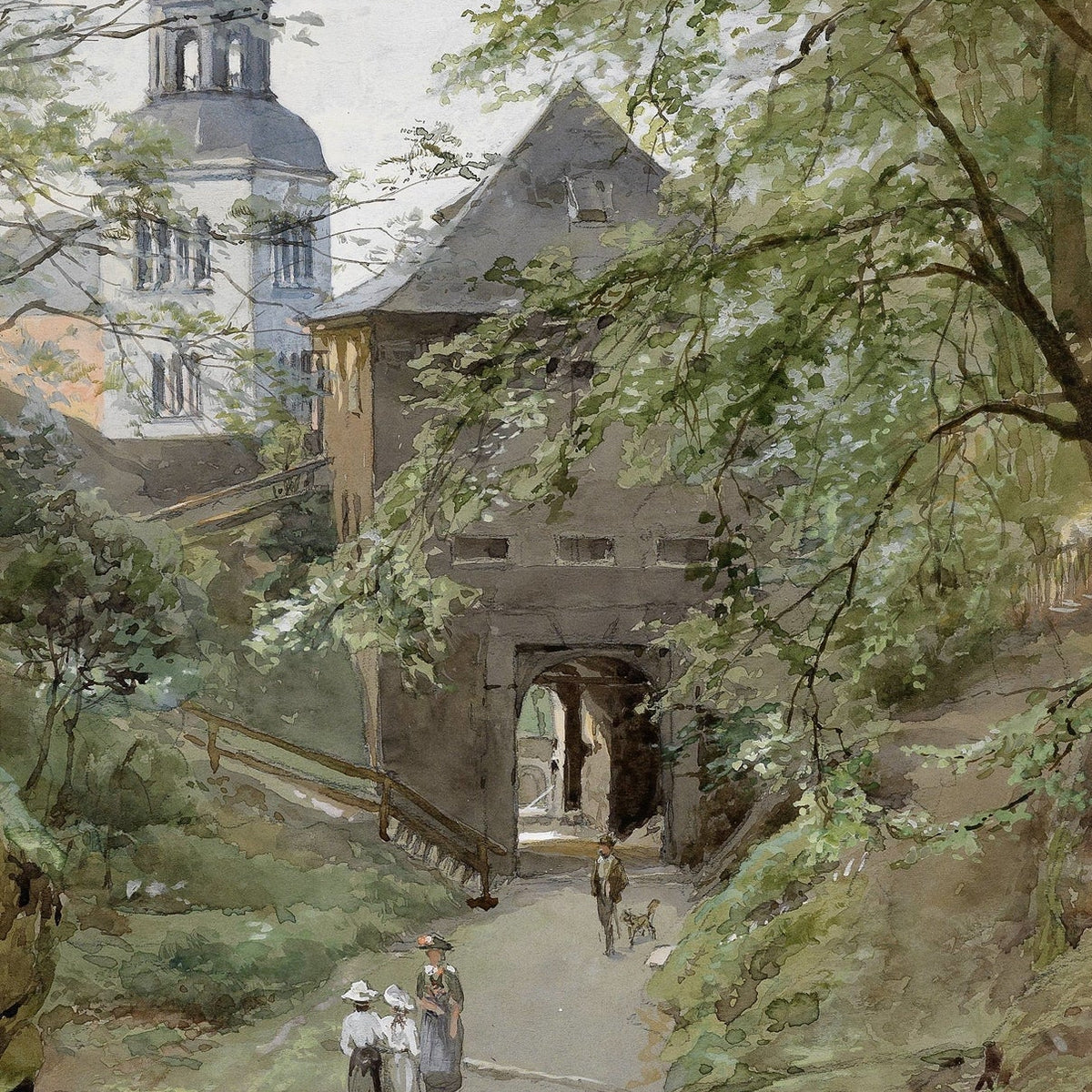 Landscape Oil Painting - Village path archway & bell tower - Oil Painting Haven