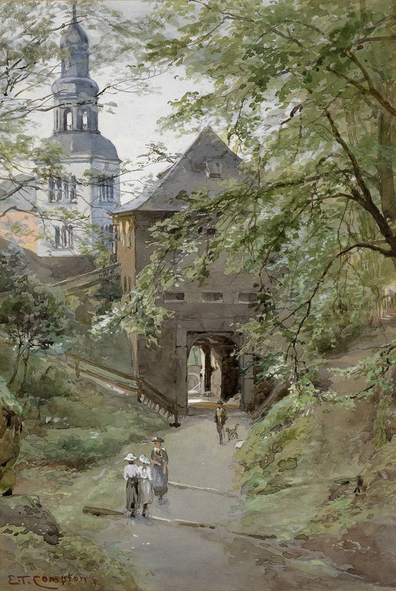 Landscape Oil Painting - Village path archway & bell tower - Oil Painting Haven
