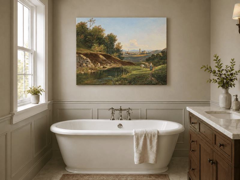 Peinture à l'huile de paysage - Vue sur l'étang du village et le chemin forestier
