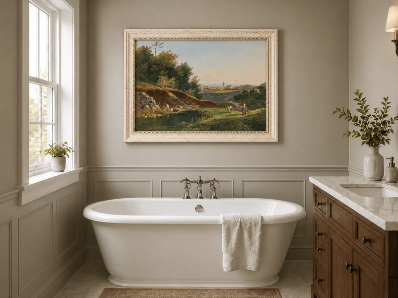 Peinture à l'huile de paysage - Vue sur l'étang du village et le chemin forestier