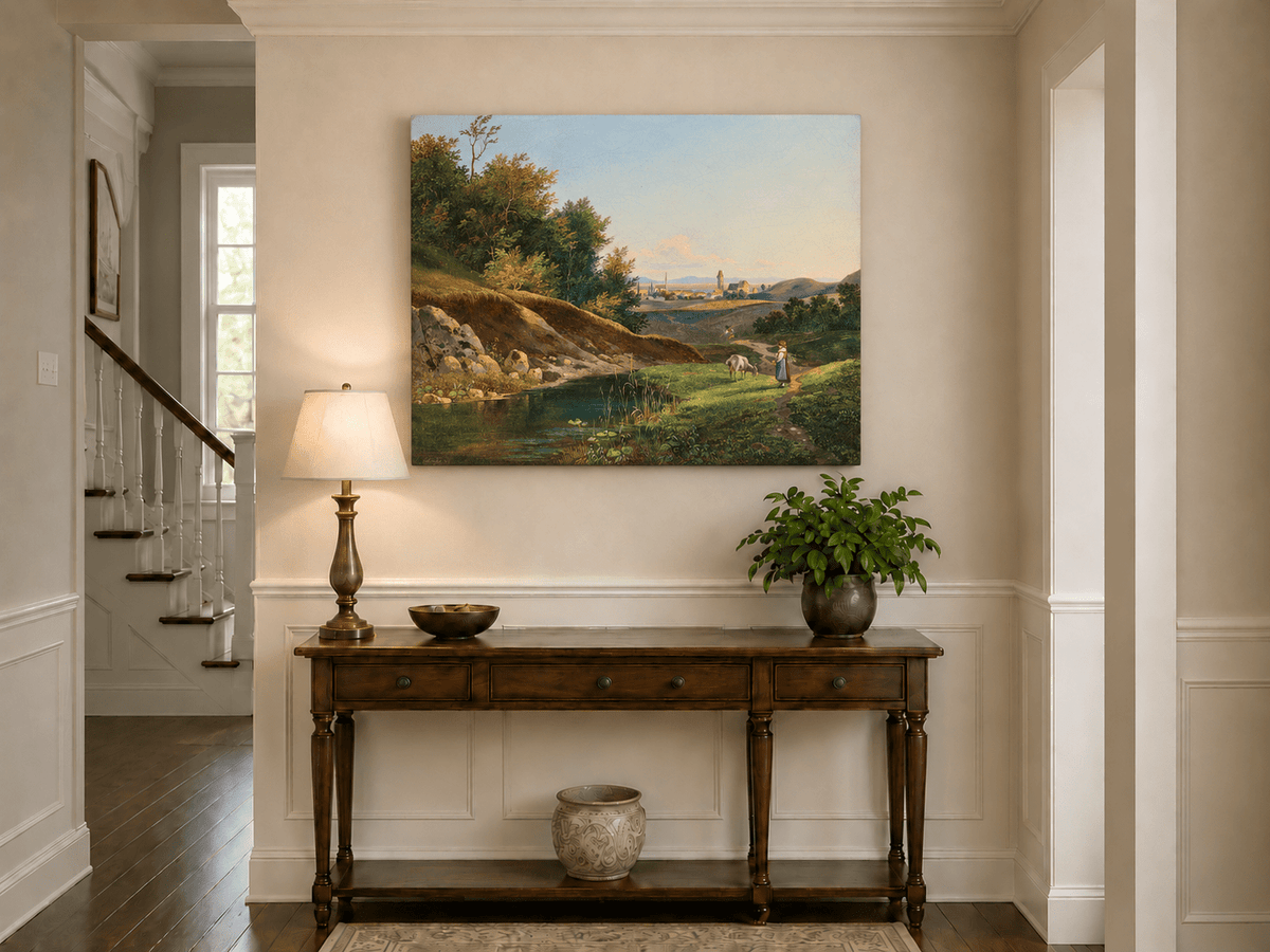 Peinture à l'huile de paysage - Vue sur l'étang du village et le chemin forestier