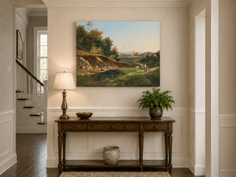 Peinture à l'huile de paysage - Vue sur l'étang du village et le chemin forestier