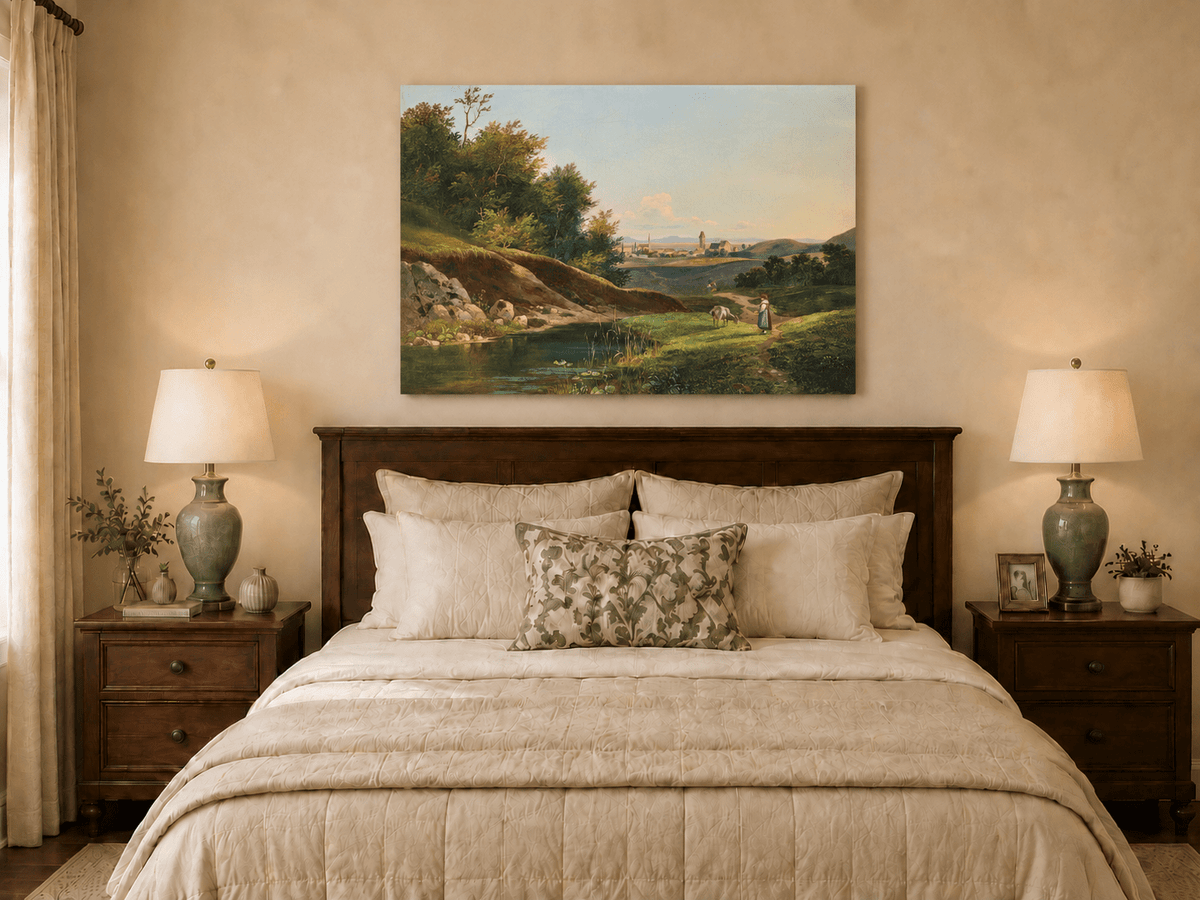 Peinture à l'huile de paysage - Vue sur l'étang du village et le chemin forestier