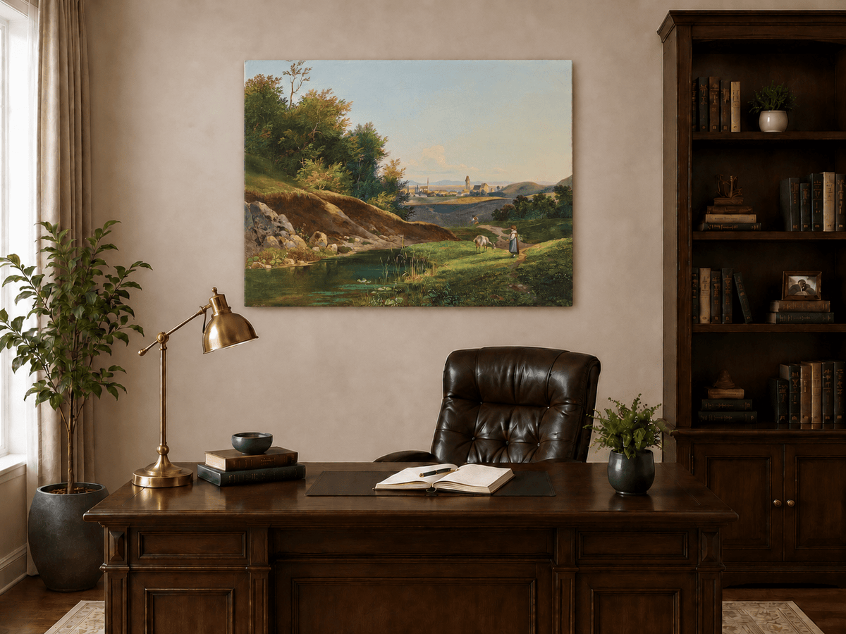 Peinture à l'huile de paysage - Vue sur l'étang du village et le chemin forestier