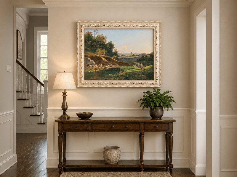 Peinture à l'huile de paysage - Vue sur l'étang du village et le chemin forestier