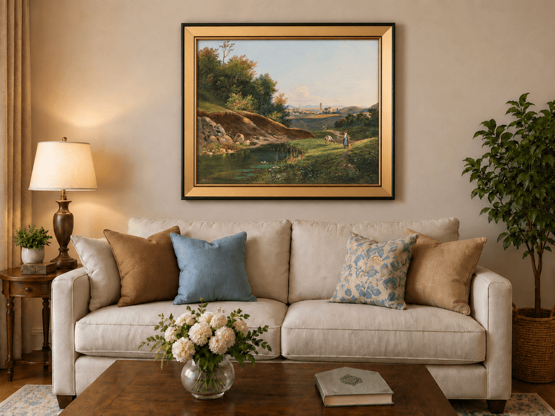 Peinture à l'huile de paysage - Vue sur l'étang du village et le chemin forestier