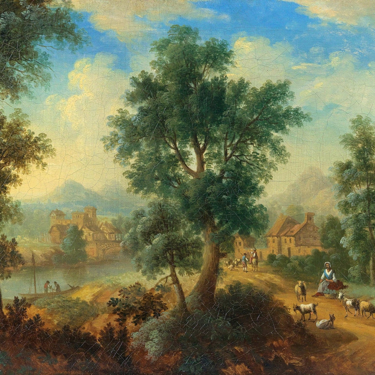 Peinture à l'huile de paysage - Scène de rivière hivernale avec personnages et chevaux