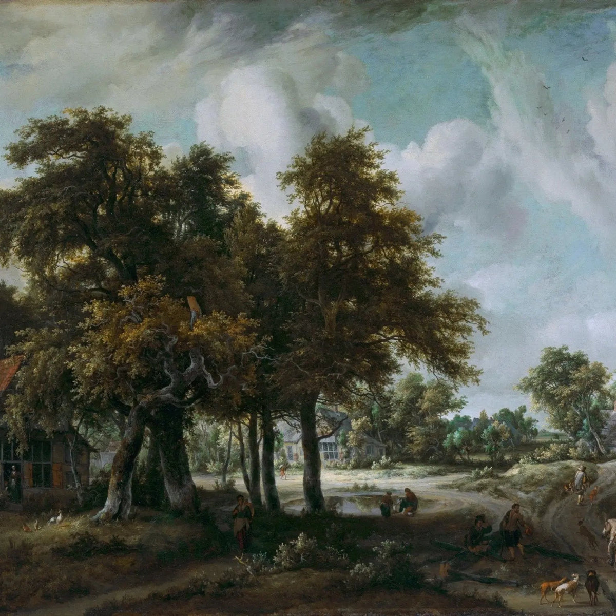 Landscape Oil Painting - Village Scene with Trees, Figures and Houses - Oil Painting Haven