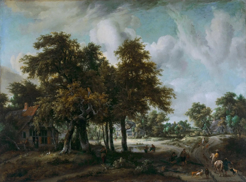 Landscape Oil Painting - Village Scene with Trees, Figures and Houses - Oil Painting Haven