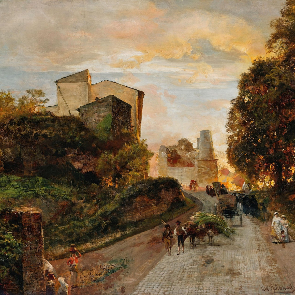 Hand-painted village street at sunset with carts landscape oil painting on canvas