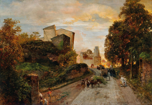 Hand-painted village street at sunset with carts landscape oil painting on canvas