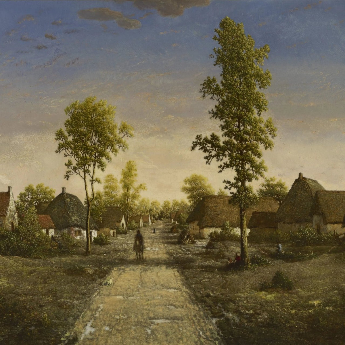 Landscape Oil Painting - Village Street with Thatched Houses & Figure - Oil Painting Haven