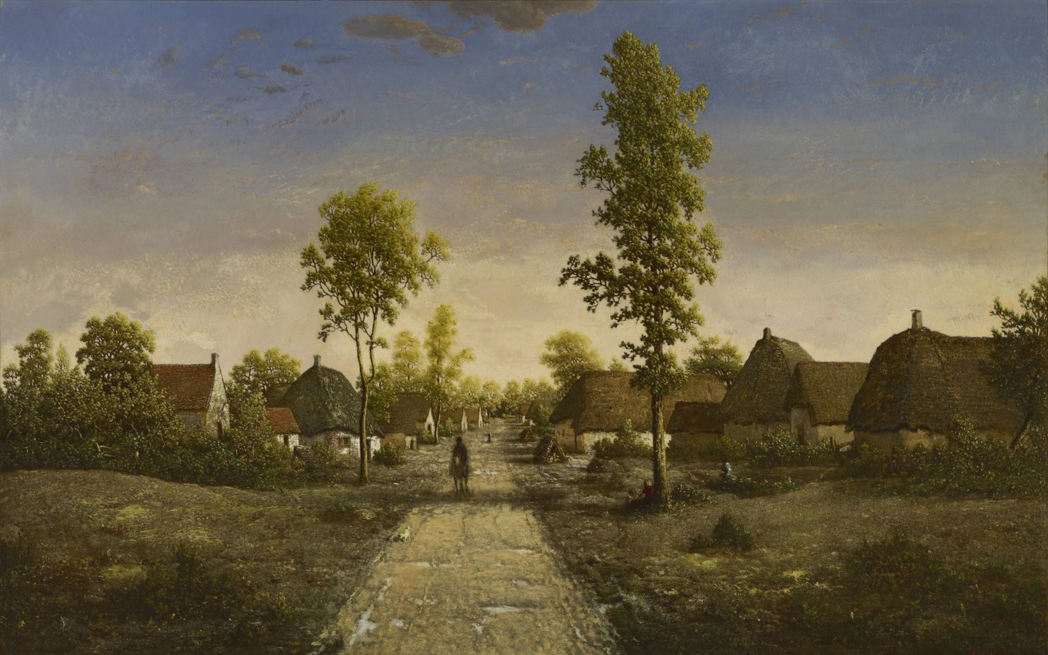 Landscape Oil Painting - Village Street with Thatched Houses & Figure - Oil Painting Haven