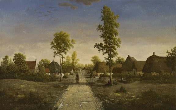 Landscape Oil Painting - Village Street with Thatched Houses & Figure - Oil Painting Haven