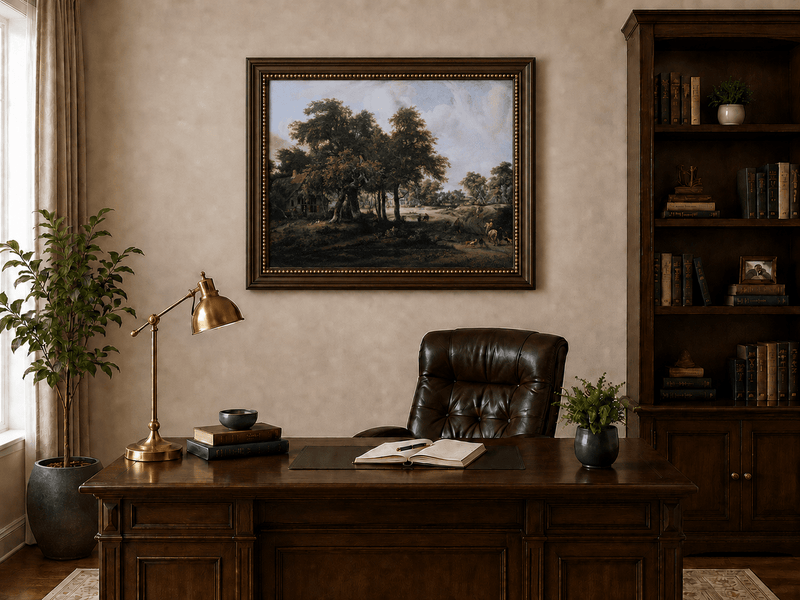 Peinture à l'huile de paysage - Village, arbres, personnages et maisons