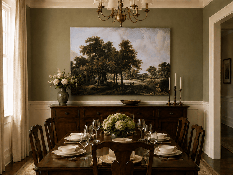Peinture à l'huile de paysage - Village, arbres, personnages et maisons
