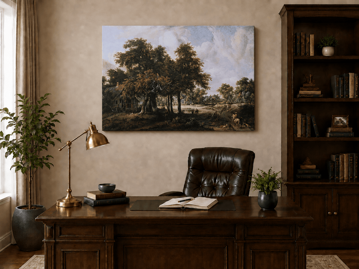 Peinture à l'huile de paysage - Village, arbres, personnages et maisons