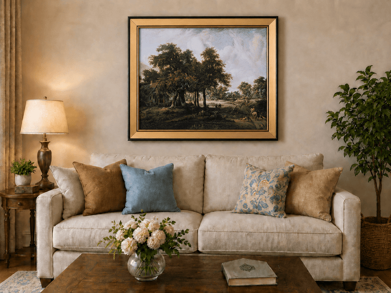 Peinture à l'huile de paysage - Village, arbres, personnages et maisons
