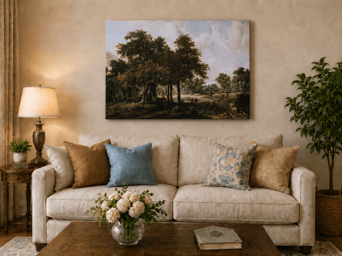 Peinture à l'huile de paysage - Village, arbres, personnages et maisons
