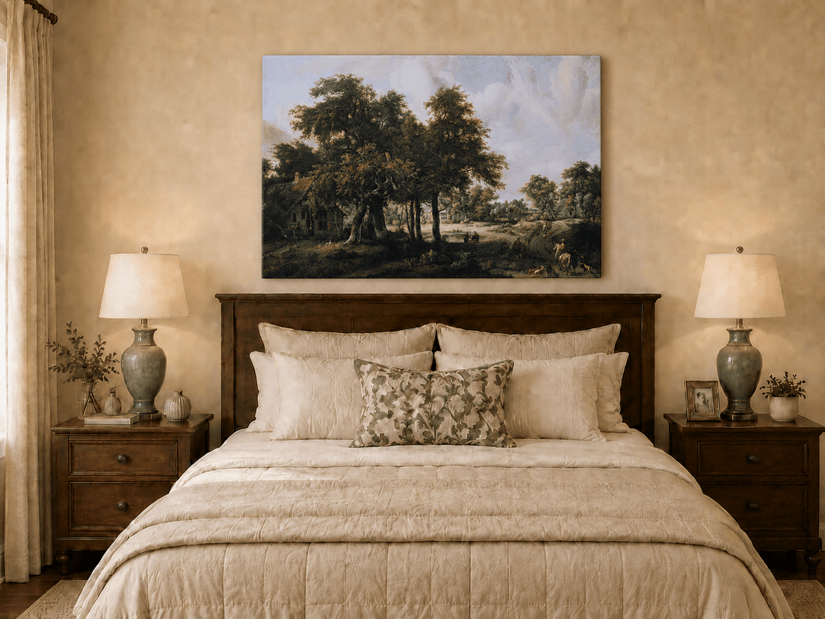 Peinture à l'huile de paysage - Village, arbres, personnages et maisons