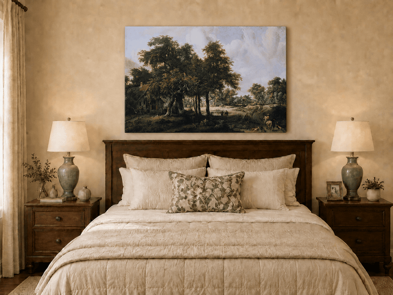 Peinture à l'huile de paysage - Village, arbres, personnages et maisons