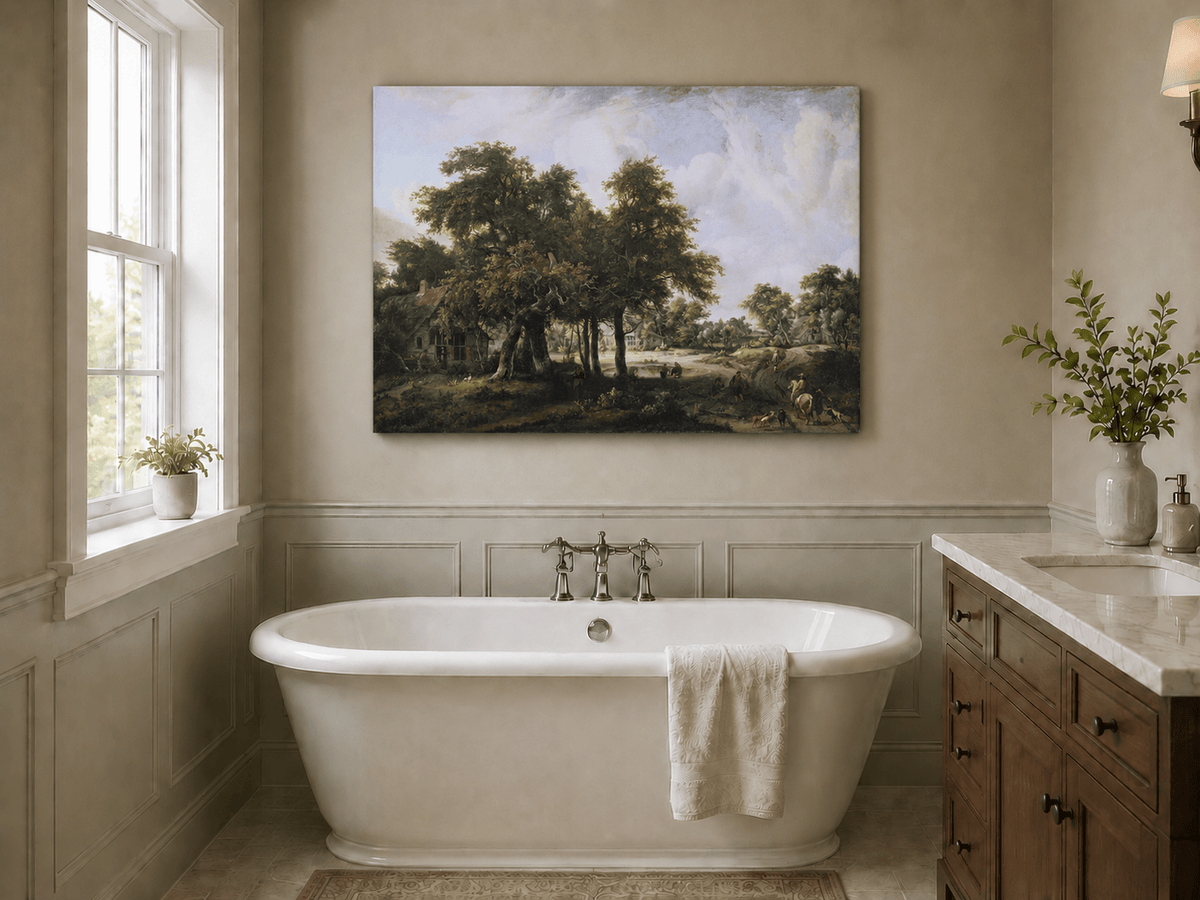 Peinture à l'huile de paysage - Village, arbres, personnages et maisons