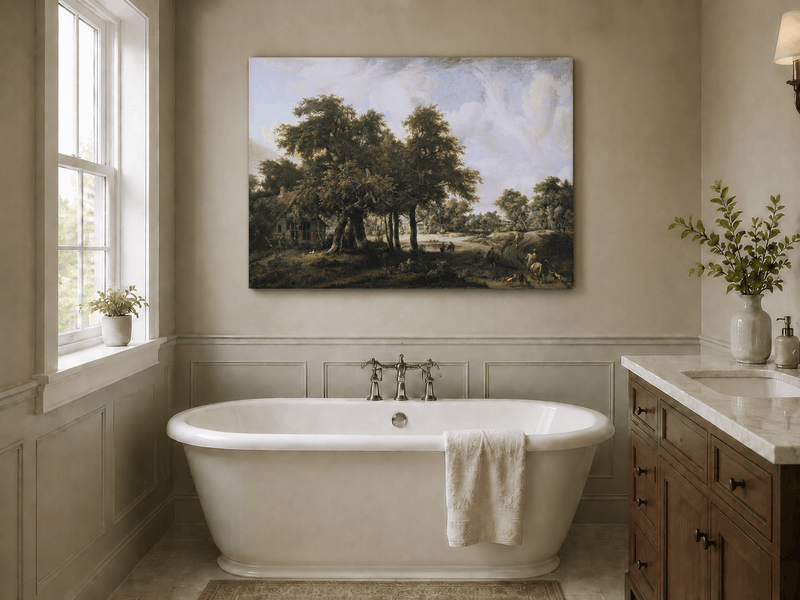 Peinture à l'huile de paysage - Village, arbres, personnages et maisons