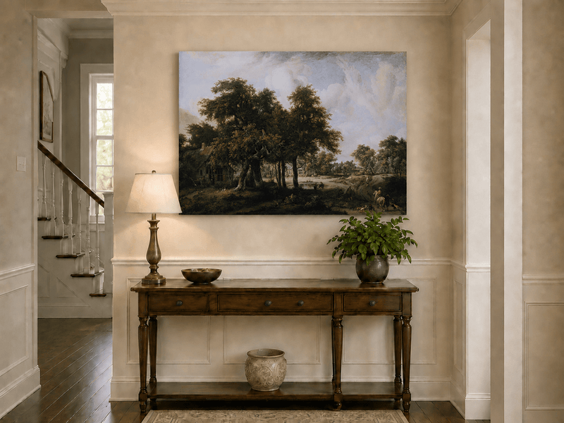 Peinture à l'huile de paysage - Village, arbres, personnages et maisons