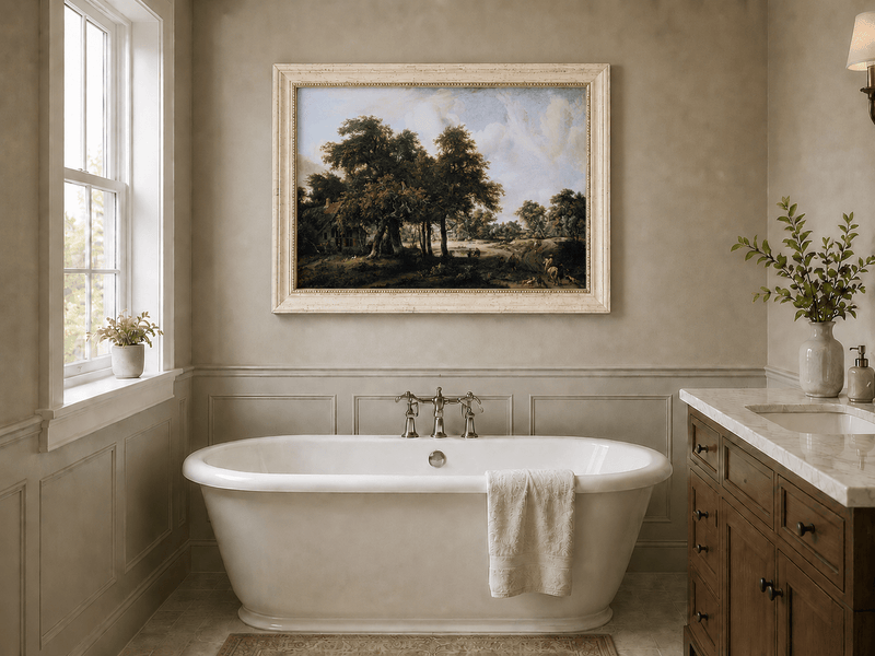 Peinture à l'huile de paysage - Village, arbres, personnages et maisons
