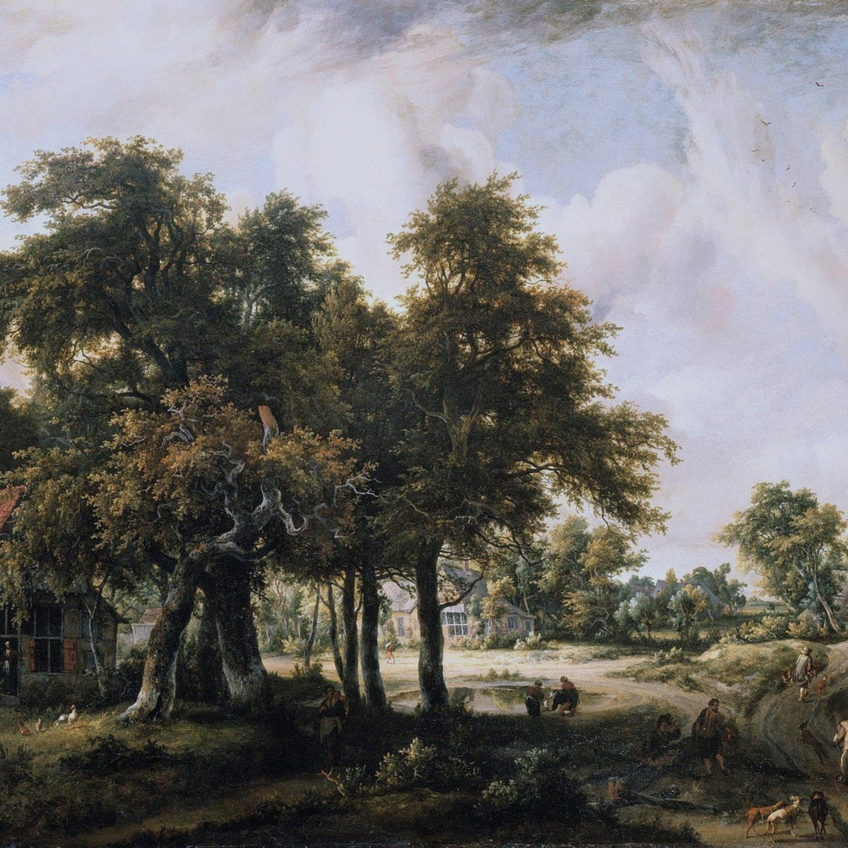 Peinture à l'huile de paysage - Village, arbres, personnages et maisons