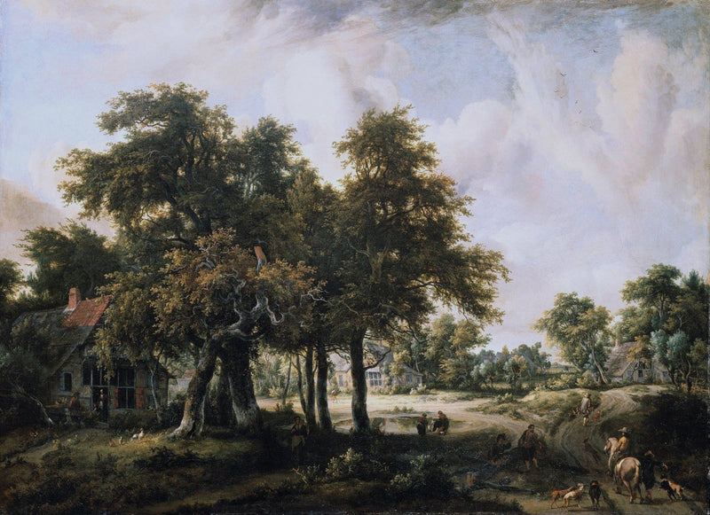 Peinture à l'huile de paysage - Village, arbres, personnages et maisons