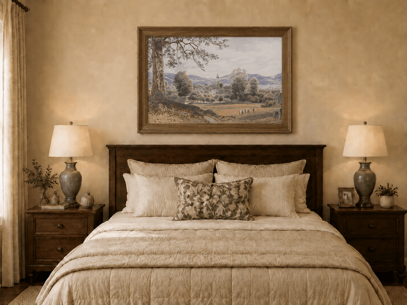 Landscape Oil Painting - Village Valley Church & Hills